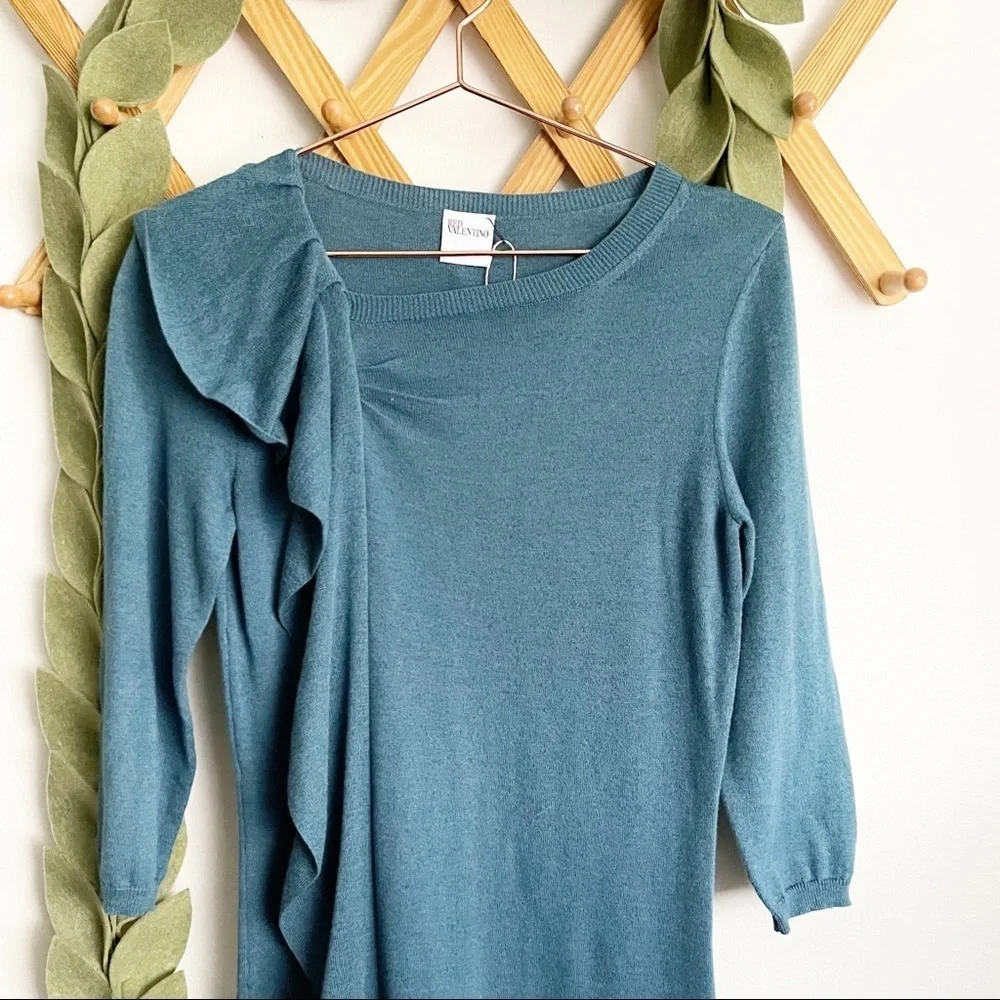 Red Valentino Teal Ruffled Sweater Dress - Picture 2 of 5